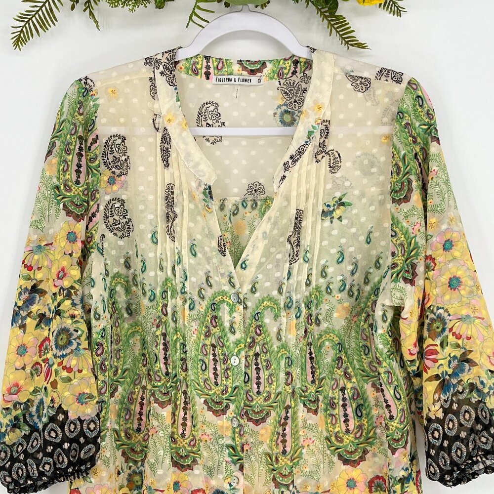 Lightweight Floral Button-Down Tunic Shirt - Yellow Green - Picture 3 of 12